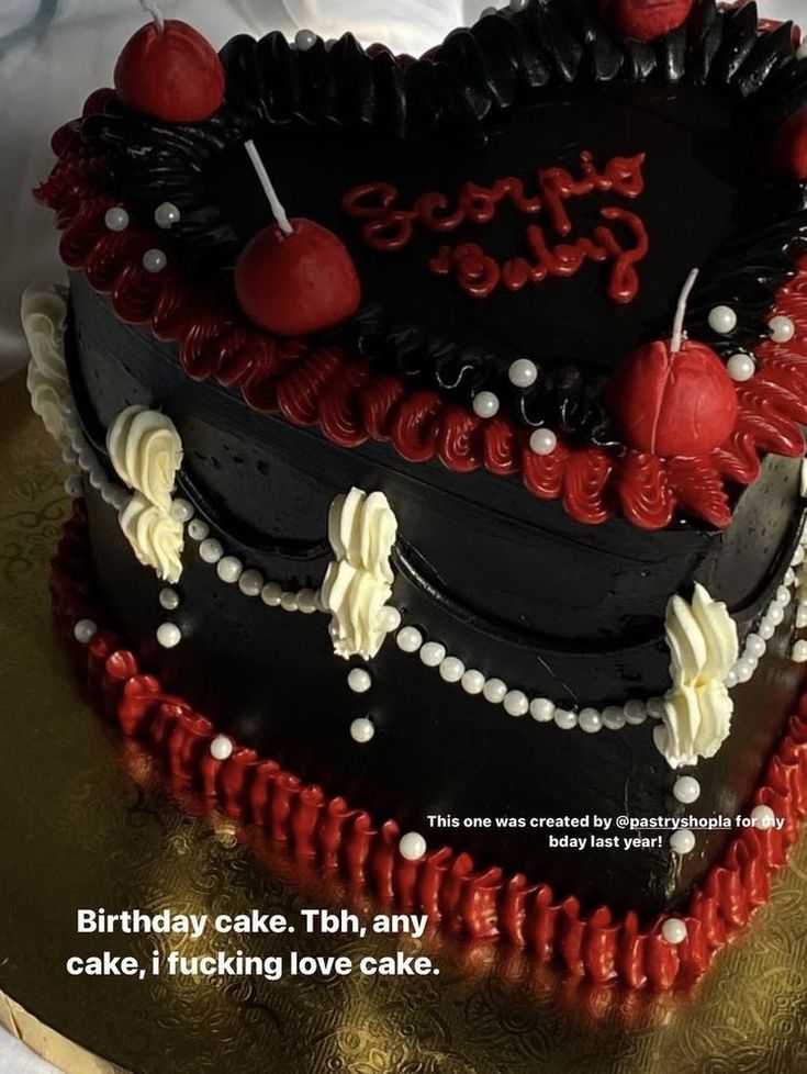 a heart shaped birthday cake with cherries on it