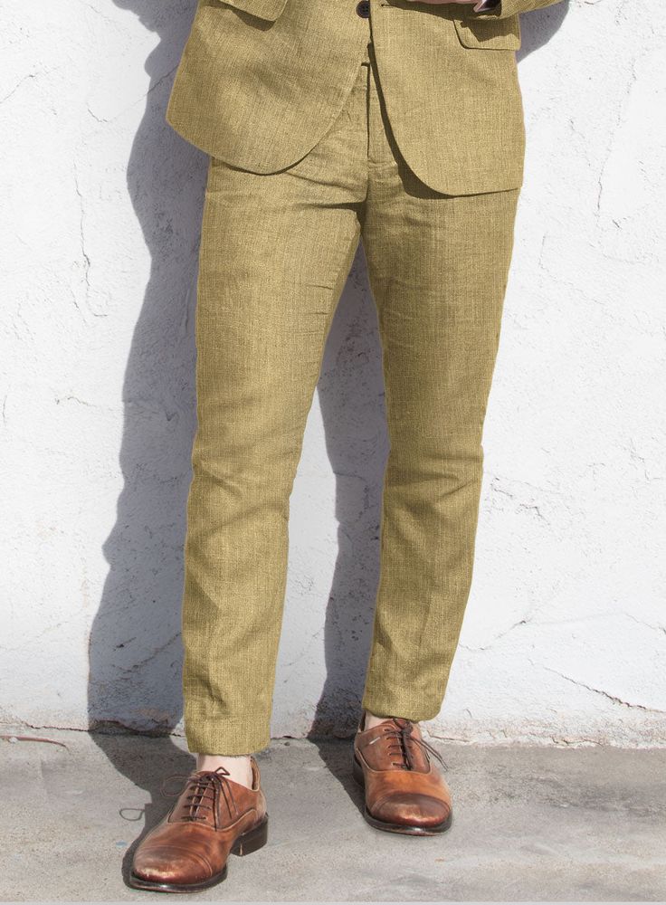 Whether heading to a summer wedding or attending a tennis match at Wimbledon, be the event's focal point with our British Khaki Linen Pants. Crafted with pure linen, our pants give you a perfect staple for your day by being comfortable and luxurious. Also, khaki color projects your strong personality to everyone. So get ready with these pairs to make an outstanding impression on others.  
 
Look Includes   British Khaki Linen Fabric  Cross Pocket  Flat Front  Two Welted Back Pockets on Trousers Formal Summer Pants With Pockets, Summer Straight Leg Dress Pants, Fitted Cotton Dress Pants For Summer, Fitted Pants With Pockets For Summer, Tailored Trousers For Summer, Tailored Summer Trousers, Summer Trousers With Welt Pockets, Tailored Linen Long Pants, Formal Straight Pants For Summer