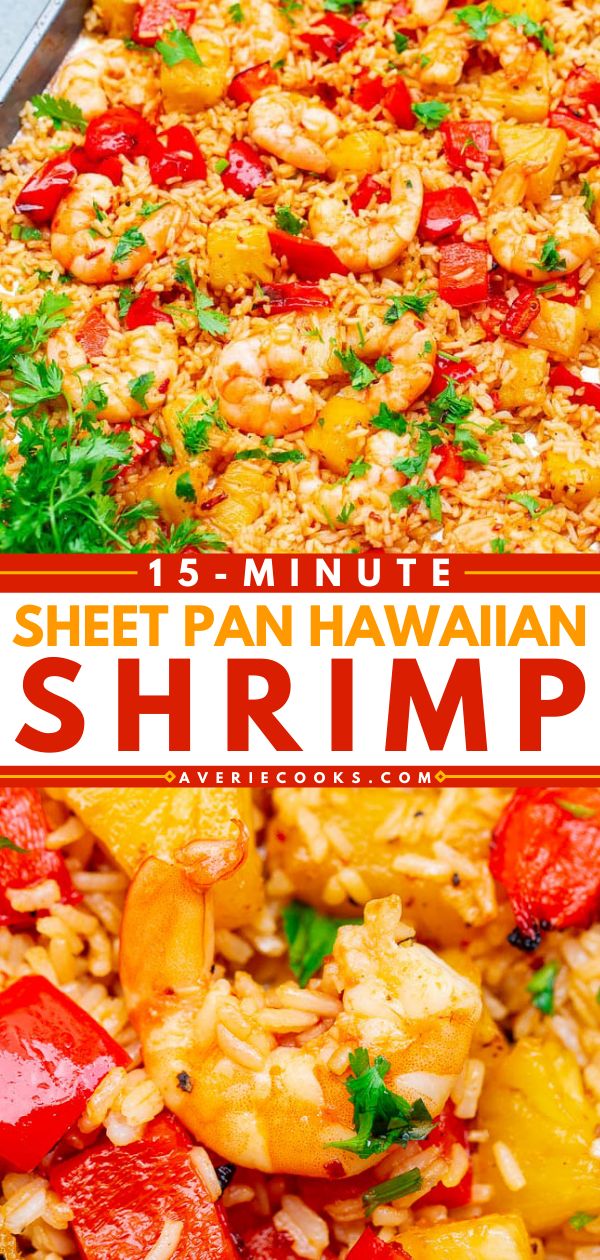 sheet pan hawaiian shrimp with rice and vegetables in it is the best way to cook this meal