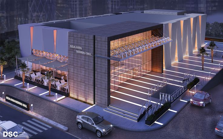 an artist's rendering of the exterior of a modern restaurant at night with cars parked outside