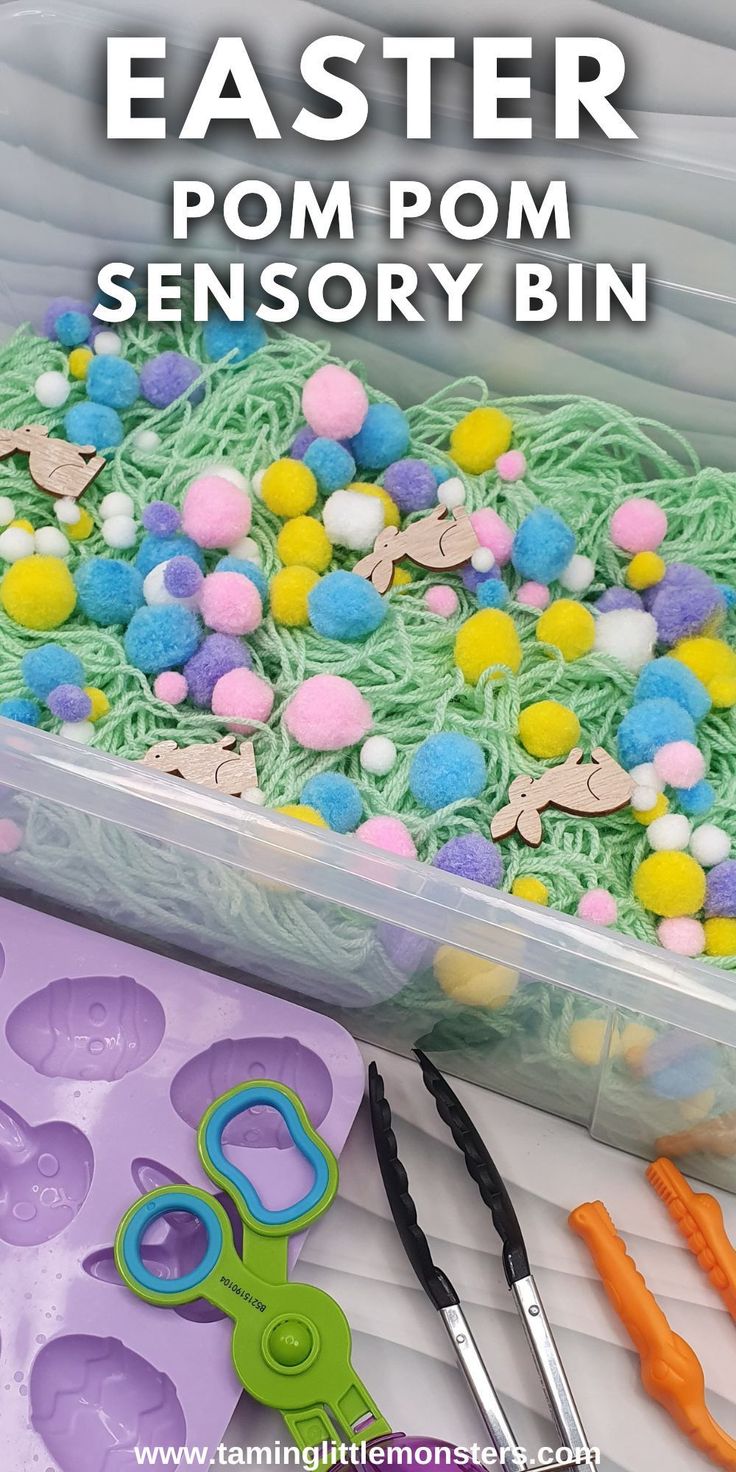 easter pom pom sensory bin with scissors and other crafting supplies in it