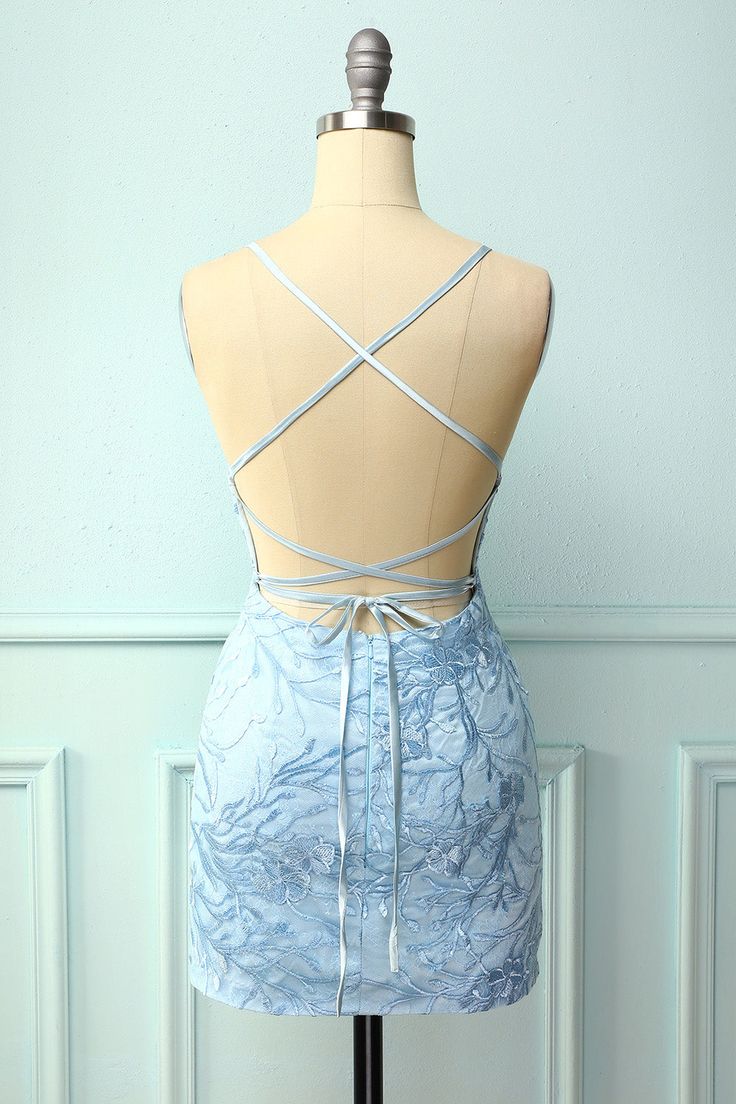 This sky blue dress will catch all the eyes and make you the center of attention! It features spaghetti-straps and a round neckline that will put the emphasis in your curves and figure, making them seem even curvier and exhalting them for a sexy, sultry touch as the figure-hugging dress goes down into a tight fit waist and a pencil type miniskirt that will show off your legs and put the focus on them to make everyone around you look and marvel at your beauty. Size Chart +Details Shipping SIZE BU Tight Hoco Dress, Tight Homecoming Dress, Sequin Homecoming Dress, Sky Blue Dress, Spaghetti Strap Bodycon Dress, Hoco Dress, Tulle Homecoming Dress, Blue Homecoming Dresses, Homecoming Dresses Tight