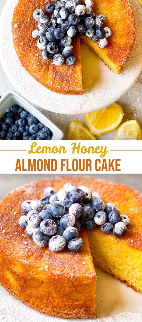 lemon honey almond flour cake with blueberries on top