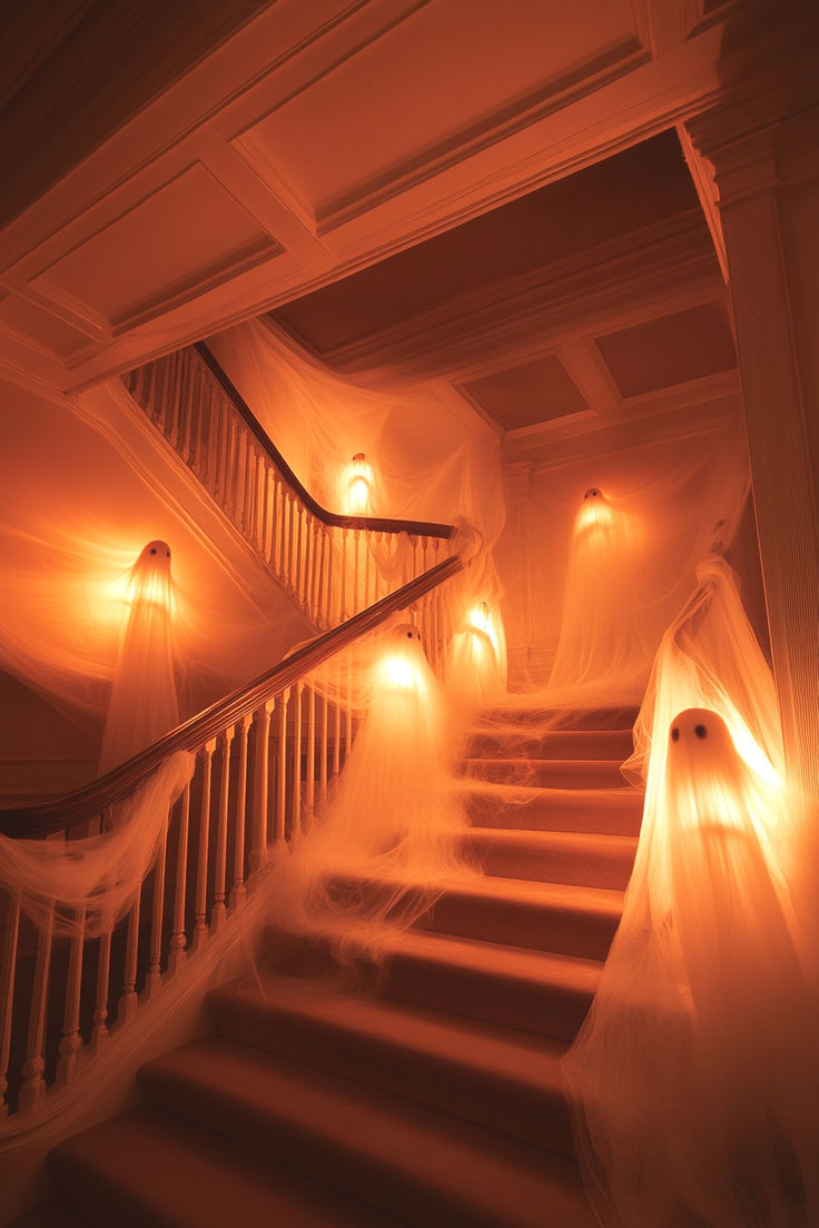 the stairs are covered in veils and lights for halloween decorations, as well as ghost - like figures