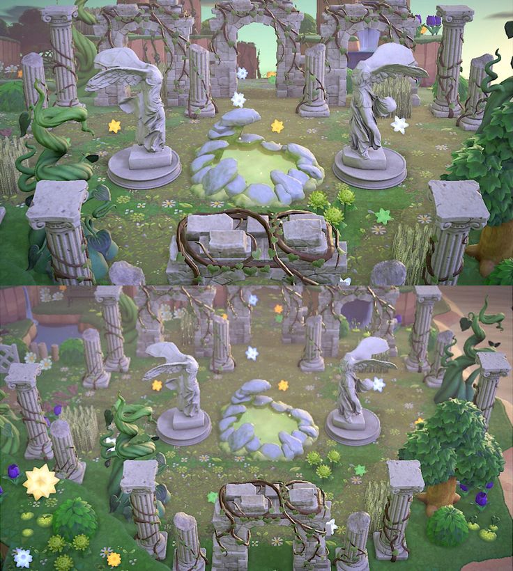 Acnh Fairycore Garden, Acnh Back Island Ideas, Magic Acnh Island, Acnh Lotr Island, Acnh Entrance Inspiration Fairy, Acnh Witch Garden, Acnh Third Level Ideas, Acnh Museum Exterior Ruins, Acnh Statue Ideas