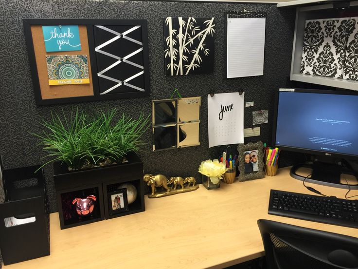 an office cubicle with desk, computer and plants on the wall above it is decorated with black and white damask