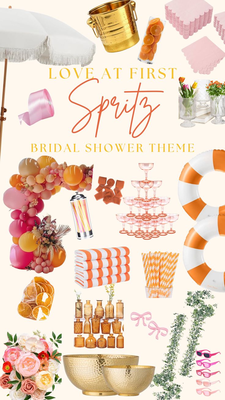 a collage of orange, pink and white items with text that reads love at first party bridal shower theme