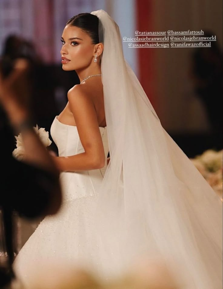 a woman in a white wedding dress and veil