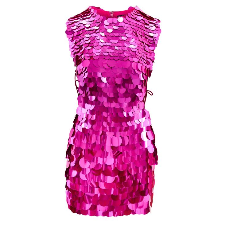 The Fallon dress is our most sought-after party dress shape. Our love of hot pink and tabard details inspired us to design this ultimate mini. A wide shoulder silhouette with open sides and mini leg split makes this uber sexy. Every piece has been lovingly hand embellished with flat pink shiny discs to create a dazzling scale formation. The ultimate crowd pleaser. Dry clean only Shell 100% polyester Lining 100% polyester Pink Sequin Dress Outfit, Hot Pink Sequin Dress, Sequin Dress Outfit, Magenta Fashion, Dress Reference, Pink Sequin Dress, Festival Fits, Pink Clothes, Leg Split