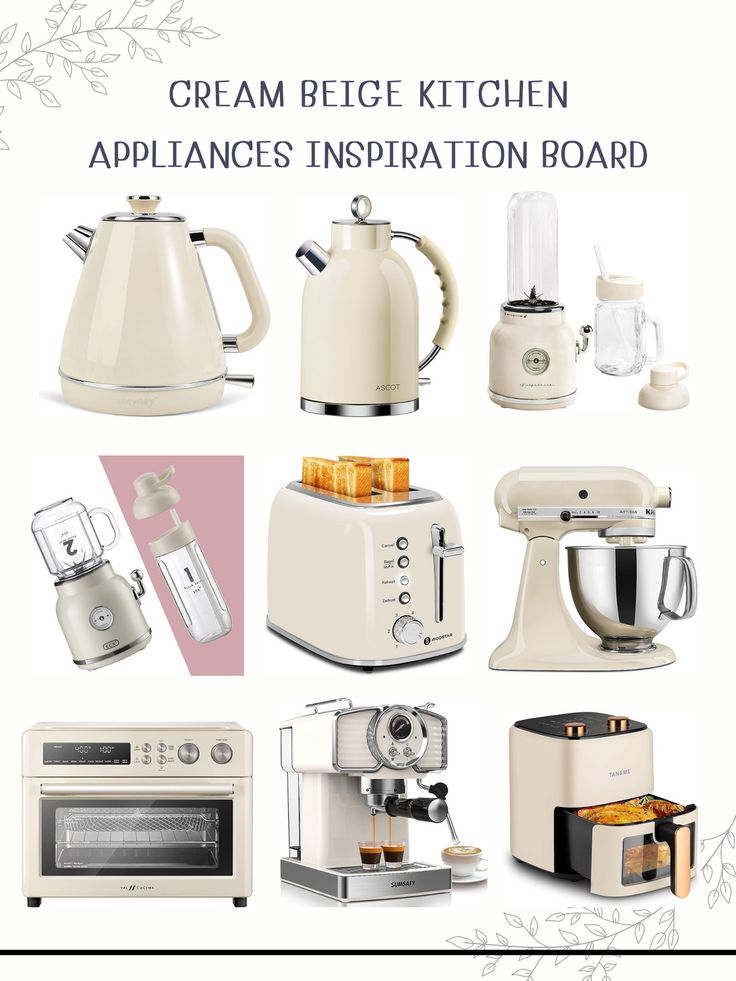 cream kitchen appliances displayed on white background with text overlay that reads cream beige kitchen appliances appliances installation board