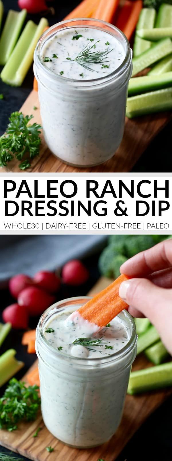 two images showing the process of making ranch dressing and dips with carrots, celery, parsley and parsley