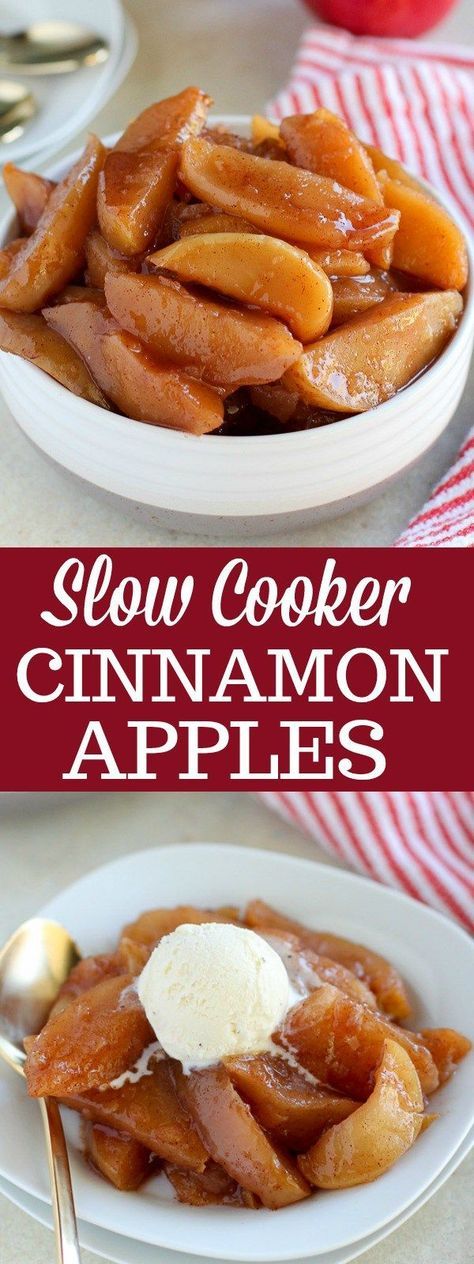 slow cooker cinnamon apples with ice cream on top and in the background, there is a plate full of apple slices