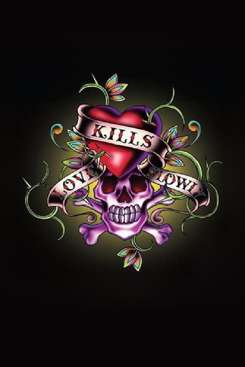 a skull with a heart on it and the words kills love