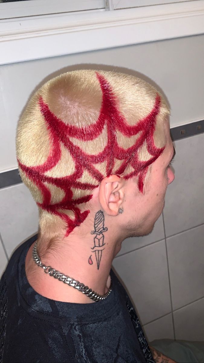 Skull Hair Design, Dyed Hair Designs Shaved Head, Buzz Colored Hair, Shaves Head Designs, Hair Dye Shaved Head, Hair Dye Ideas For Buzzcut, Mens Bleached Hair Designs, Spider Web Shaved Head, Buzzed Head Design Men