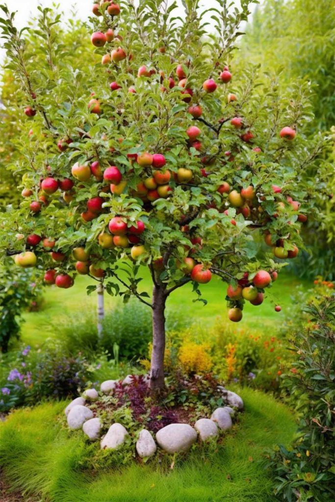 an apple tree with lots of fruit growing on it's branches in a garden