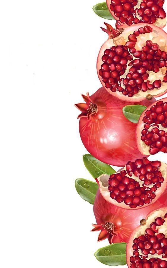 three pomegranates with green leaves on top