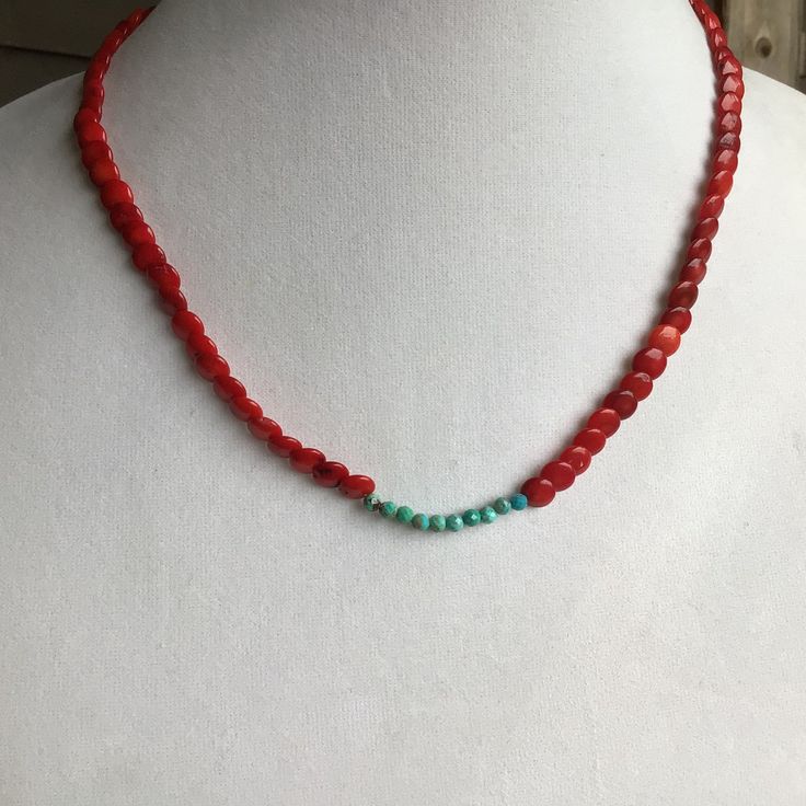 Pretty and colorful beach inspired necklace featuring Red Coral and a few Hubei Turquoise beads to add a pop of color. Clasp is a 14k gold filled Lobster claw. Beads are strung on 49 strand beading wire that is secured with 14k gold filled crimp, cover and wire guardians. Necklace is 18 inches Visit my shop for more jewelry designs: https://www.etsy.com/shop/EarthSeaSkyJewelry Handmade Southwestern Beaded Necklaces For Beach, Bohemian Hand-strung Beaded Necklaces For Beach, Handmade Coral Beaded Necklaces Spiritual Style, Handmade Coral Beaded Necklaces For Spiritual Use, Handmade Southwestern Necklace For Beach, Handmade Spiritual Coral Beaded Necklaces, Bohemian Gemstone Beaded Necklaces For Vacation, Bohemian Red Necklaces For The Beach, Bohemian Coral Jewelry For The Beach