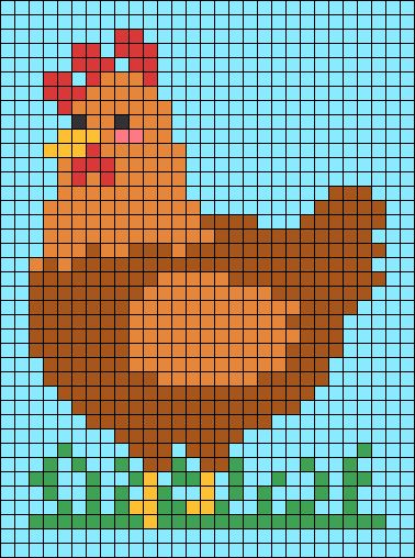 a cross stitch pattern with a chicken on it