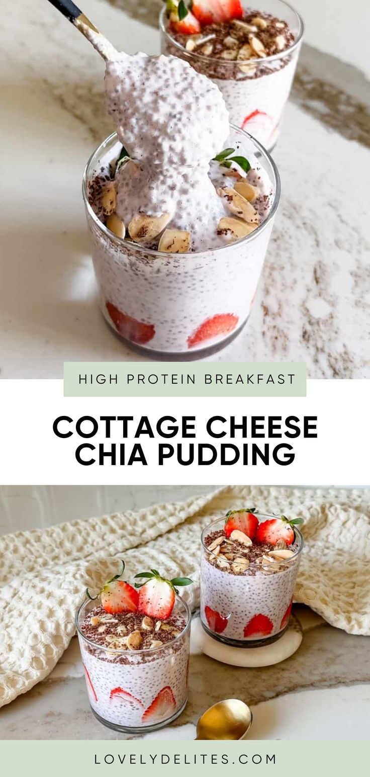 cottage cheese chia pudding with strawberries and almonds