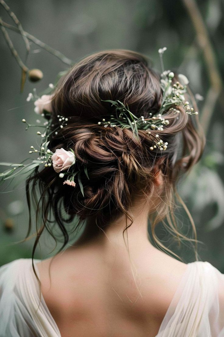 a woman with flowers in her hair wearing a white dress and greenery on her head