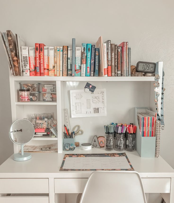 a white desk topped with lots of books