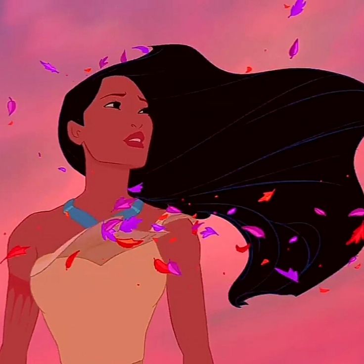 disney's pocahon is flying through the air with her hair blowing in the wind