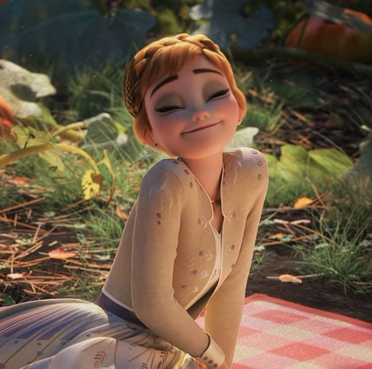 an animated character sitting on the ground with her eyes closed