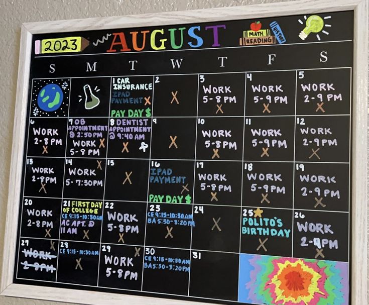 a chalk board with the dates and times on it