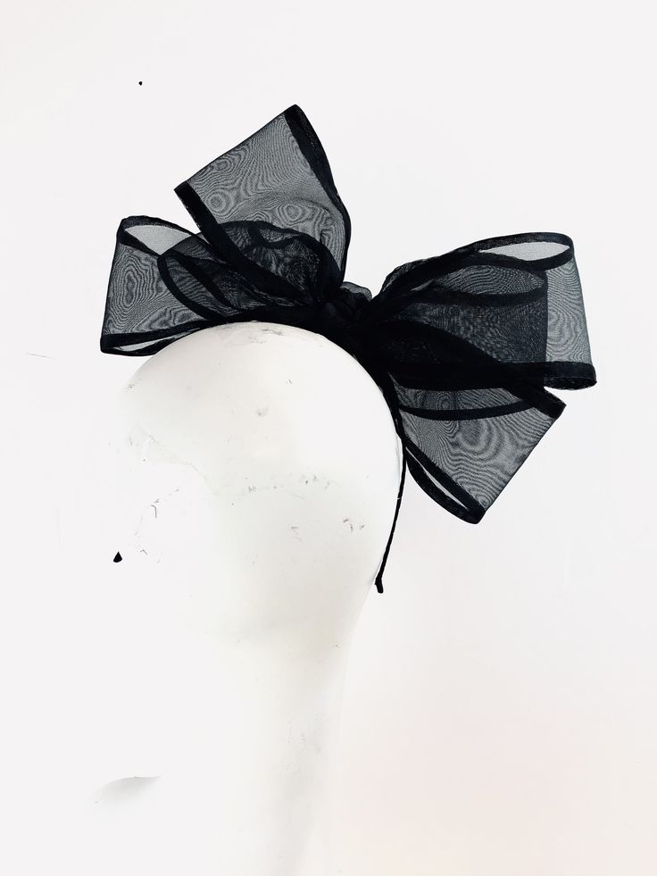 Black bow Fascinator - Bow Wedding Headpiece -chiffon and satin bow- Kentucky derby- Big bow Headband Hi, This triple bow headband has a handmade 4 inch chiffon with black satin edge. 10 inches long. It's sprayed with stiffener to hold its shape. Colors: Black Navy It's all placed on a 1/8 inch covered headband. This covered headband fits any head size and very comfortable. Plus no headaches! Pick a headband that matches Your hair color so it blends in. Light weight! For all ages...5 to 85 I am Spring Party Hair Accessories With Satin Bow, Summer Party Hair Accessory With Decorative Bow, Adjustable Bow Tie For Summer Party, Kentucky Derby Evening Tulle Headpiece, Summer Party Bow Tie With Detachable Bow, Fitted Tulle Headpieces For Parties, Evening Tulle Headpiece For Kentucky Derby, Summer Party Adjustable Bow Tie, Elegant Evening Tulle Headpieces