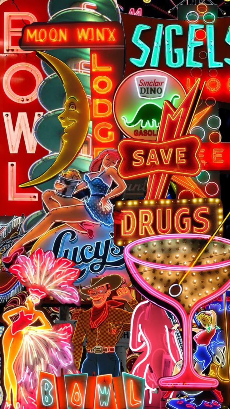 a collage of neon signs and advertisements on the side of a building in las vegas