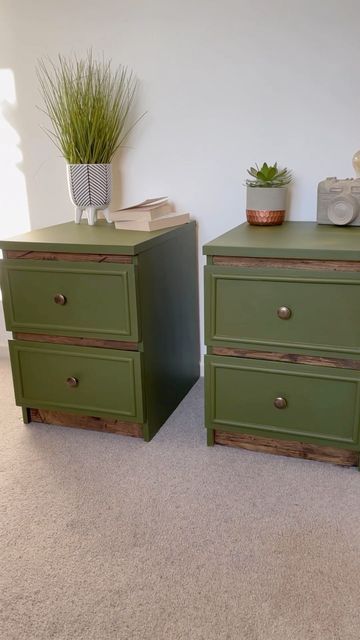 two green dressers sitting next to each other on top of a carpeted floor