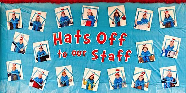 a bulletin board with pictures of people and words that say hats off to our staff