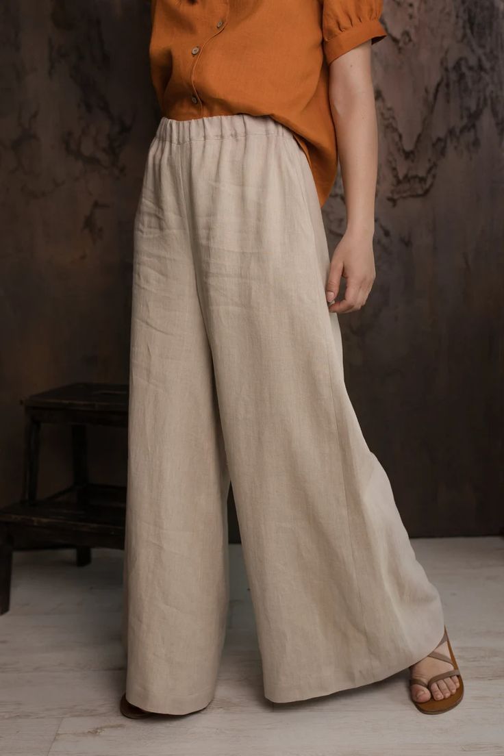 Linen Palazzo Pants LOCARNO Wide Leg Linen Pants High Waist | Etsy Cream Palazzo Pants Outfit, Wide Leg Pants Linen, Wide Legged Linen Pants Outfit, Flowy Linen Pants Outfit, Linen Palazzo Pants Outfit, Linen Pants Design, Linen Wide Leg Pants Outfits, Linen Trousers Outfit Summer, Linen Pants Aesthetic