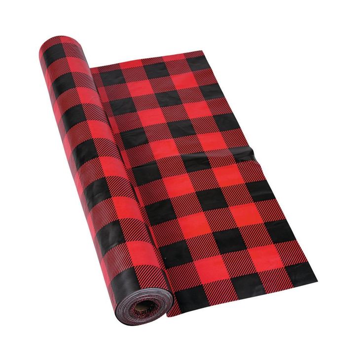 a red and black checkered pattern on a roll of wrapping paper that is rolled up