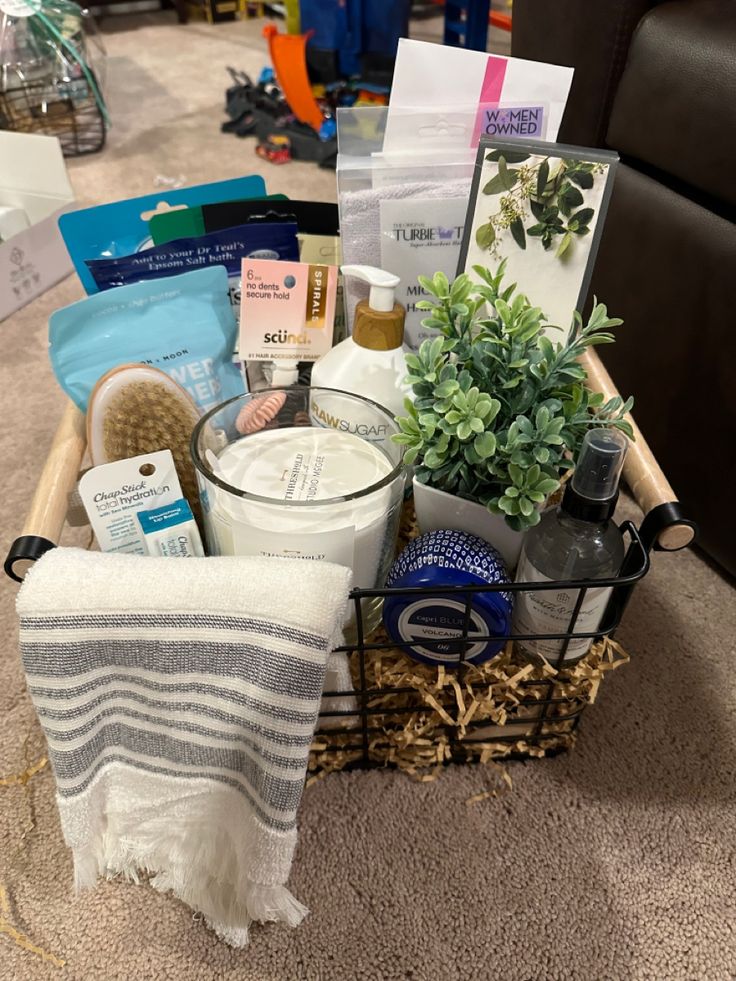 a basket filled with personal care items on top of a carpeted floor next to a couch