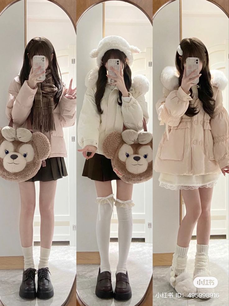 Girly Korean Outfits Winter, Cute Winter Outfits Douyin, Korean Kawaii Outfits, Douyin Cute Outfit, Aesthetic Cute Outfits Korean, Coquette Outfit Korean, Winter Fashion Coquette, Coquette Outfits For Winter, Kawaii Korean Outfits