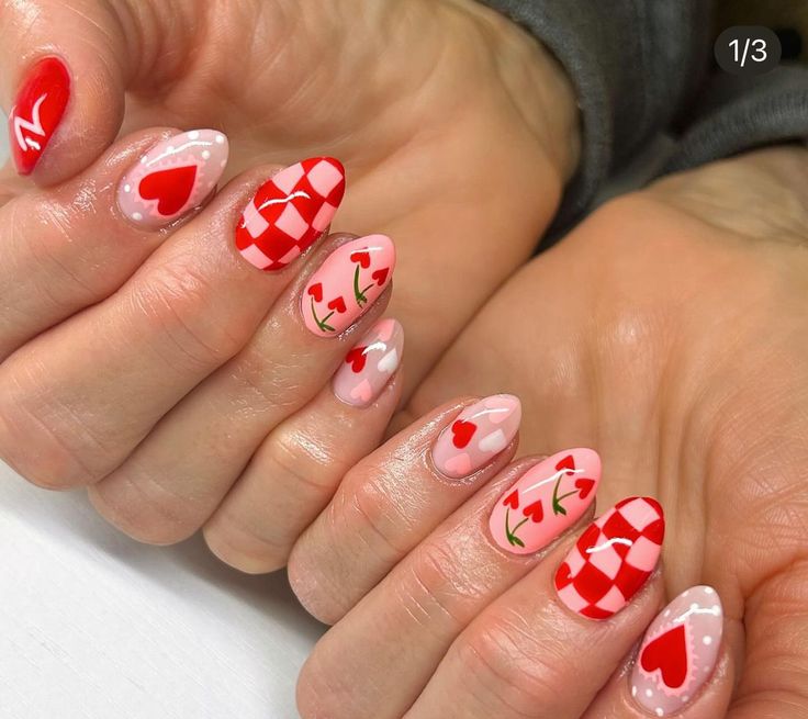 Red Nails Valentines, Red Pink Nails, Nails Cherry, Nail Printer, Checkered Nails, Nail Designs Ideas, Retro Nails, Valentine Nail Art, Cute Simple Nails