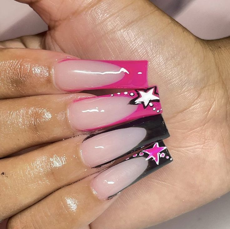 Pink And Black Nails Medium Length, Hot Pink And Black French Tip Nails, Pink And Black French Tips, Pink And Black French Tip, Pink And Black French Tip Nails, Hot Pink And Black Nails Acrylics, Black And Hot Pink Nails, Hot Pink And Black Nails, Pink And Black Nails