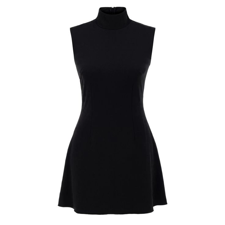 a women's black dress with high neck and flared hems, on a white background