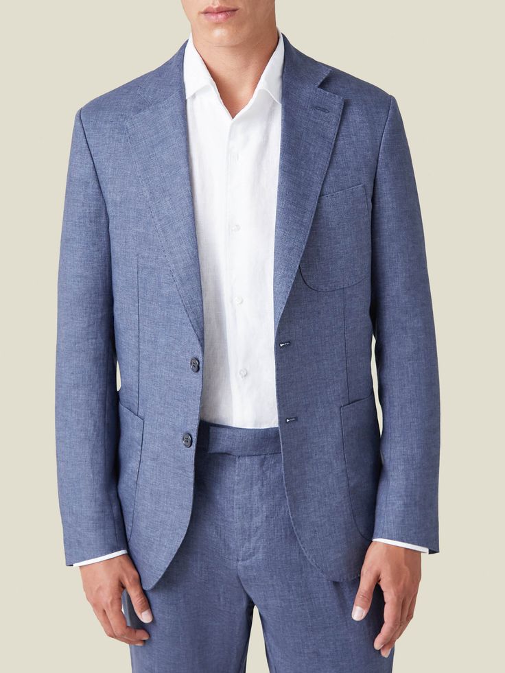 Crafted in Northern Italy from 100% pure linen, treated to obtain a unique natural stretch for breathability and comfort. Designed with a single-breasted 2-button closure, fine sartorial details and a tailored profile for an elegant look.     Cut in a slim yet comfortable fit, this elegant suit jacket has an unstructured profile and is half lined for lightness and a relaxed appeal. Artisanal details like AMF stitching and sartorial details like the notch lapel and patch pockets make this blazer Blue Linen Suit, Light Blue Suit, Elegant Suit, Blue Suit Men, Linen Suit, Summer Suits, Northern Italy, Azure Blue, Linen Trousers