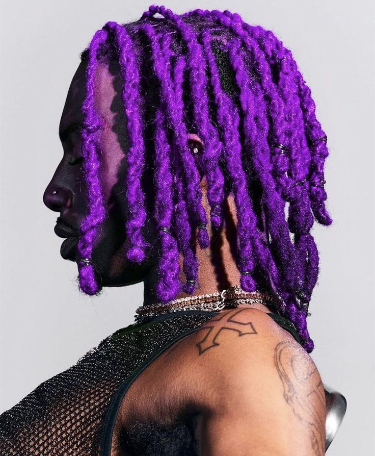 Purple Dreadlocks Black Women, Purple Hair Locs, Purple Locs Men, Purple Dreads Men, Dark Purple Dreads, Purple Locs Black Women, Men Purple Hair, Sisterloc Styles, Dread Colors