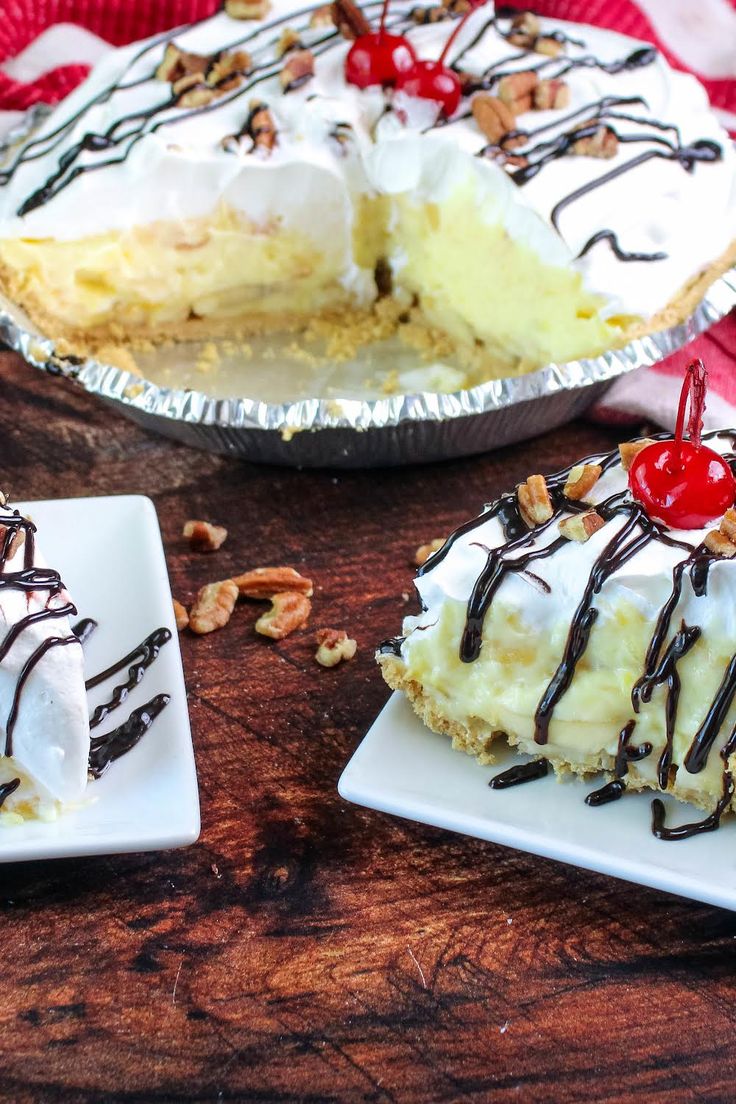 two pieces of pie on plates with one slice missing