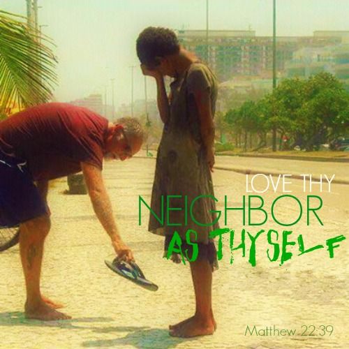 two people standing next to each other on a beach with the caption love thy neighbor as thyself