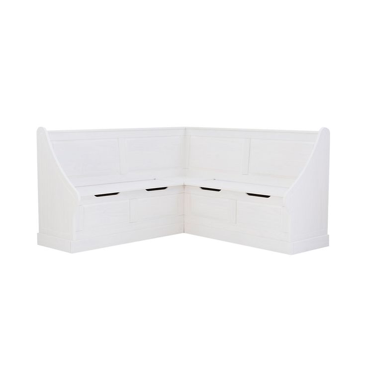 a white corner bench with four drawers on the back and one section open to show it's contents