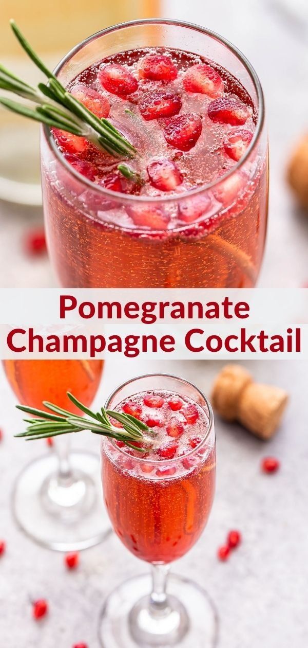 pomegranate champagne cocktail with rosemary garnish in two glasses on a white table