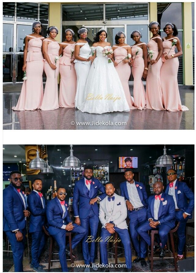 two different pictures of people in formal wear and one is wearing a blue suit with red bow ties