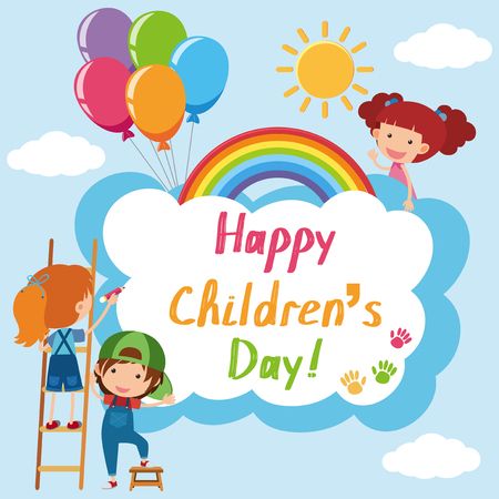 children are playing with balloons and rainbows in the sky on a sunny day illustration