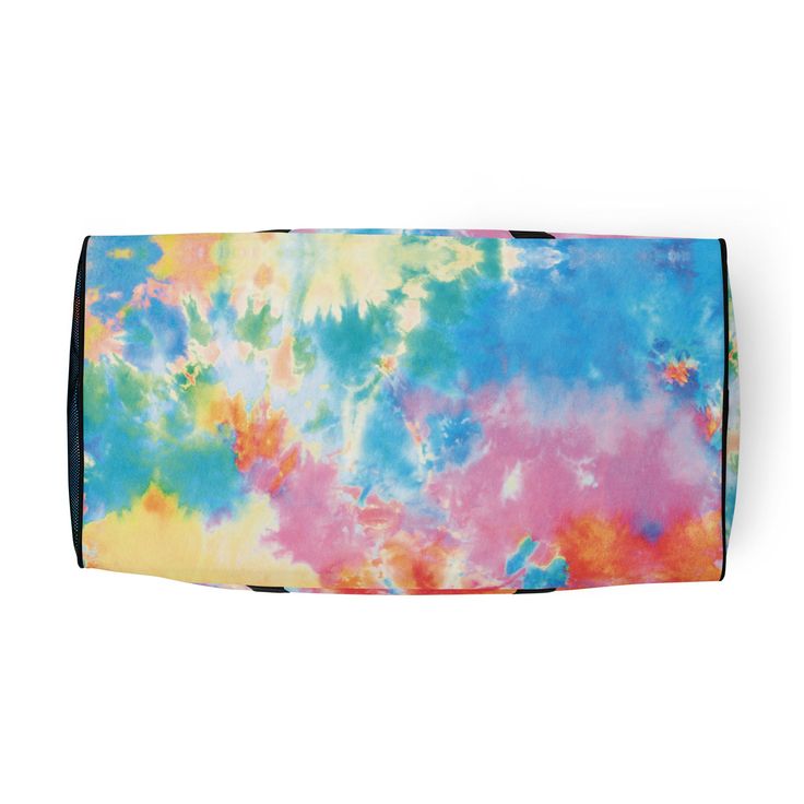 a tie - dyed pencil case is shown on a white background with the colors of blue, pink, yellow and green