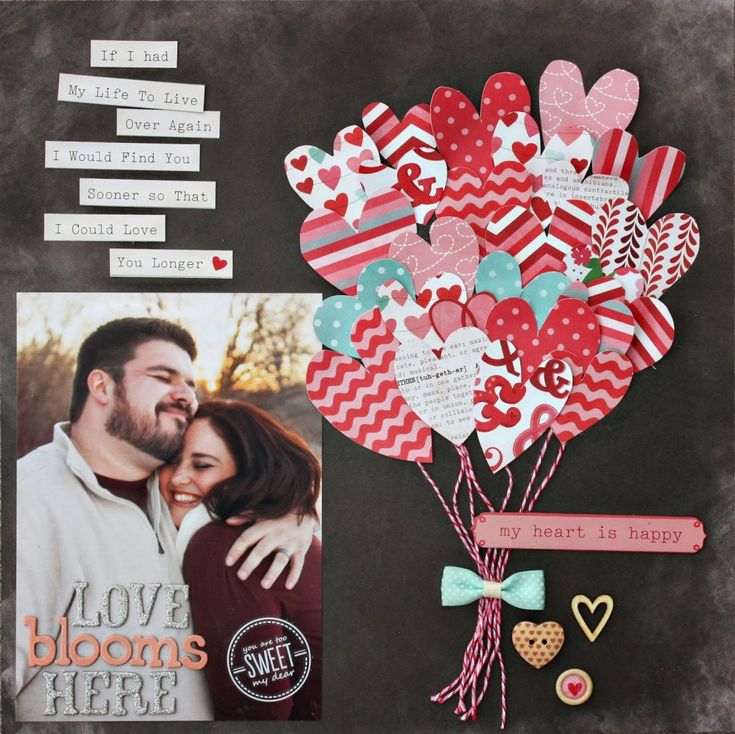 a collage of hearts and love notes is displayed on a table with a couple holding each other