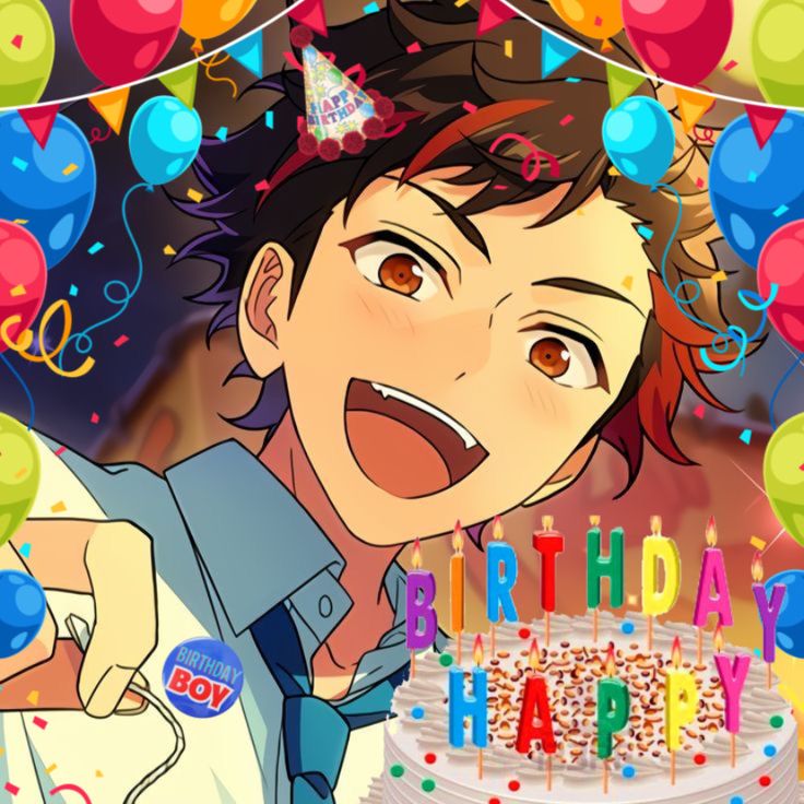 an anime character is celebrating his birthday with balloons and confetti on the cake